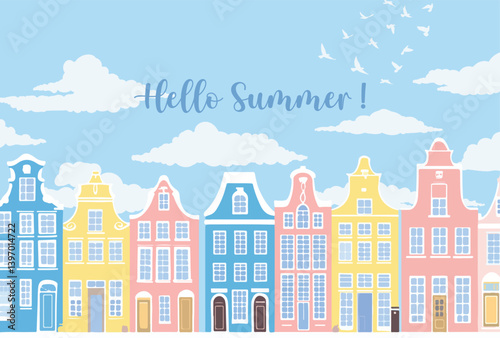 Hello Summer Vector Illustration with Cute Colorful Houses