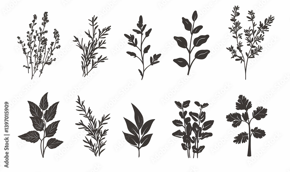 Bundle of Aromatic Herbs Silhouette Rendered in Elegant 2D Style Enhances Natural Culinary Inspirations Perfectly Bundle of Aromatic Herbs Silhouette Rendered in Elegant 2D Style Enhances Natural Culinary Inspirations Perfectly