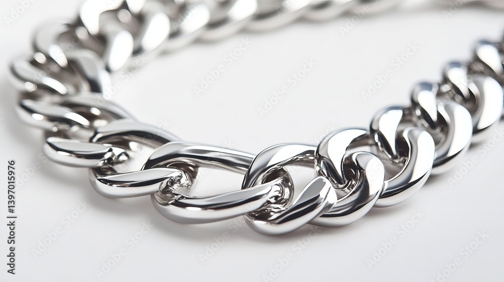 Obraz premium Close up shot of a silver chain link bracelet on a white surface showing texture and the metal links detail