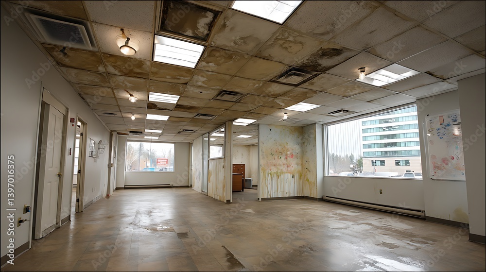Abandoned Office Space Needs Renovation Water Damaged Ceiling Leaky Roof Abandoned Office Space Needs Renovation Water Damaged Ceiling Leaky Roof