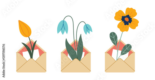 Envelope with flowers and herbs set. Hello spring concept. Summer Letter collection. Vector illustration, flat design. Flowers bouquet in envelope. Hand drawn trendy icon.