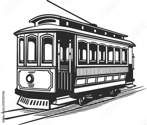Vintage Streetcar Illustration – Retro Engraved Tram Drawing