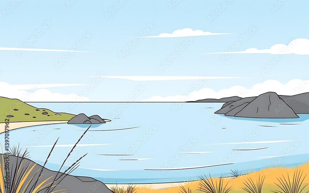 Naklejka premium 穏やかな湾の風景イラスト
