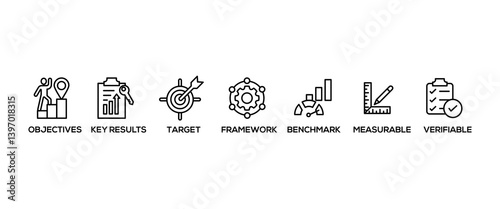 OKR banner web icon vector illustration concept for objectives and key results with icon of objective, key results, target, framework, benchmark, measurable, and verifiable