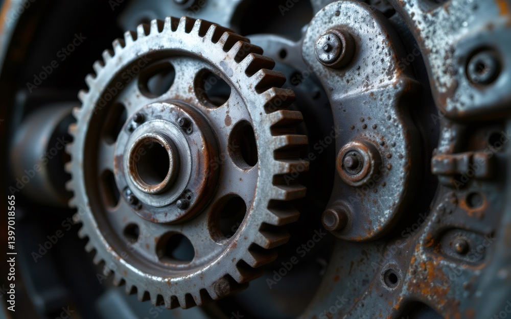 Close-up of a rusted mechanical gear showcasing intricate details and textures Close-up of a rusted mechanical gear showcasing intricate details and textures