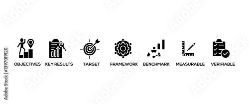 OKR banner web icon vector illustration concept for objectives and key results with icon of objective, key results, target, framework, benchmark, measurable, and verifiable