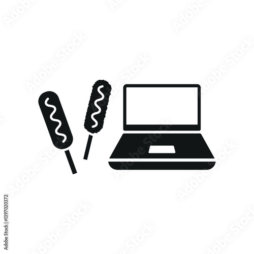 Laptop and corn dog set icon symbolizes fun breaks, casual work moments, and cozy digital lifestyle.