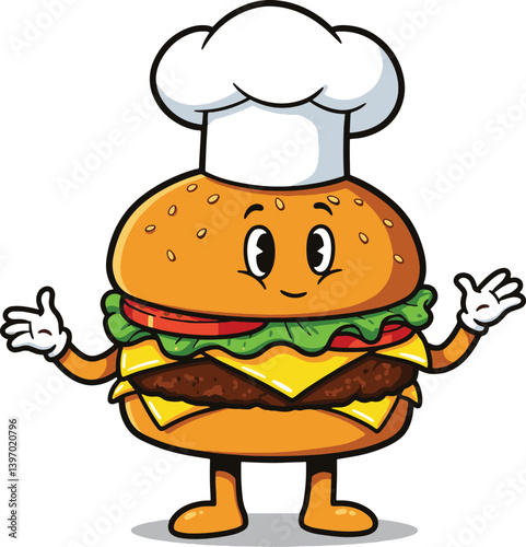 Cartoon burger chef illustration for food lovers and restaurant marketing and menu design ideas