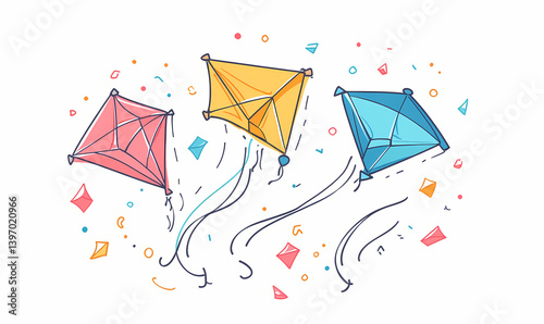 Vibrant Bundle of Colorful Kites Showcasing Bold 2D Outlines Elevates Festive Outdoor Imagination and Creativity