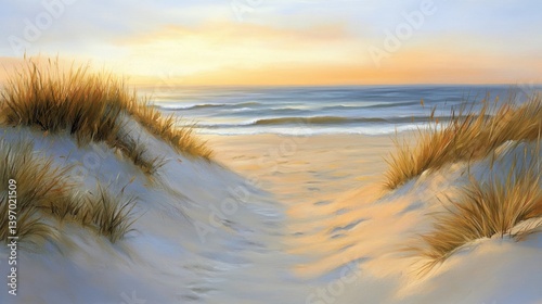 Tranquil Seascape with Sandy Dunes and Golden Grass at Sundown Painting