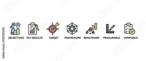 OKR banner web icon vector illustration concept for objectives and key results with icon of objective, key results, target, framework, benchmark, measurable, and verifiable
