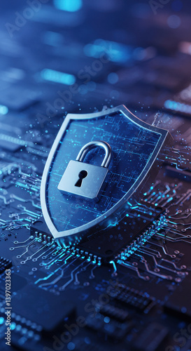 Wallpaper Mural Secure Tech: Shield & Lock on Circuit Board - Cyber Security, Data Protection, Digital Safety, & AI Security Concept Torontodigital.ca