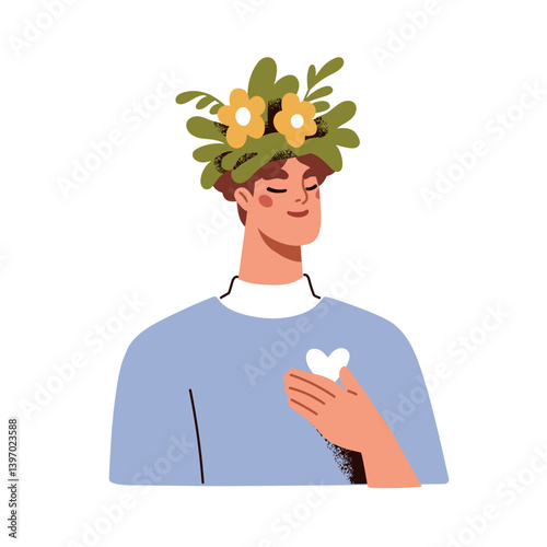 Man in flower wreath, kind heart. Self-love and care, mental health and psychology concept. Belief, hope, trust, affection, empathy and fondness. Flat vector illustration isolated on white background