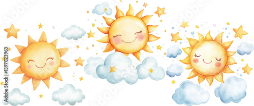 Watercolor sun and clouds clip art set, isolated on white background