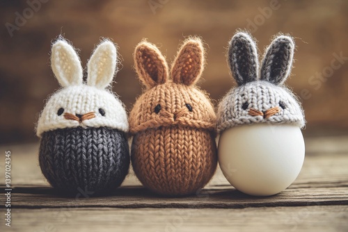 Three adorable hand-knitted bunny egg cozies, a charming Easter tableau on a rustic wooden surface, showcasing warmth and springtime joy with soft focus and natural lighting. photo
