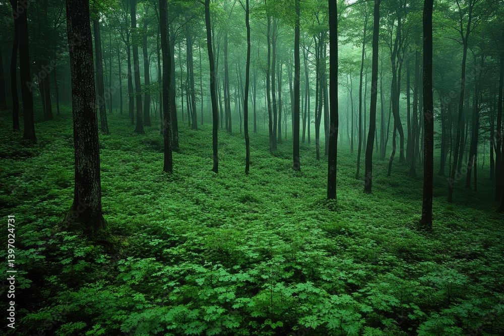 Fototapeta premium A dense green forest filled with tall trees and leafy undergrowth