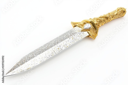 Ornate dagger with golden hilt and gem detail isolated on white background
