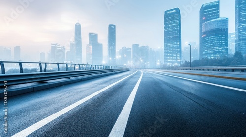 Serene Cityscape with Foggy Skyline and Empty Highway during Dawn in an Urban Environment