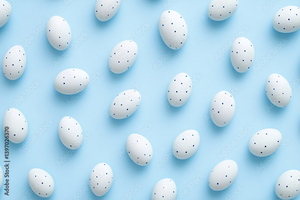 Delicate speckled eggs arranged on a pastel blue background, creating a serene and minimalist Easter scene. Delicate speckled eggs arranged on a pastel blue background, creating a serene and minimalist Easter scene.