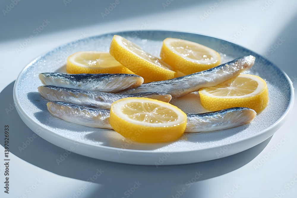 Anchoas frescas sobre rodajas de limón dentro de un plato sobre fondo blanco y azul Anchoas frescas sobre rodajas de limón dentro de un plato sobre fondo blanco y azul