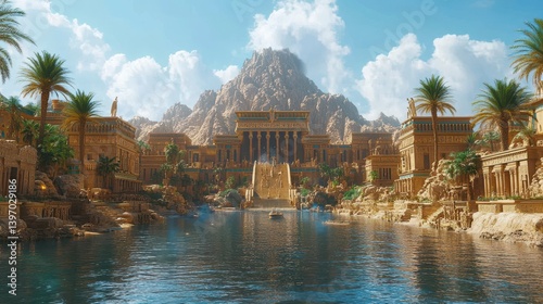 Ancient city by water, columns, stone. Mountain backdrop under a partly cloudy sky