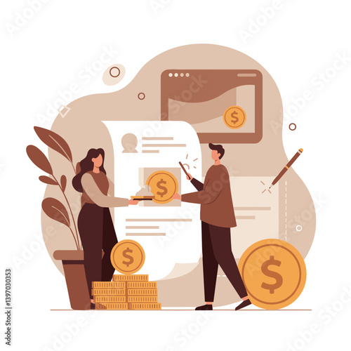 Freelancers exchanging invoices and money in a modern office  