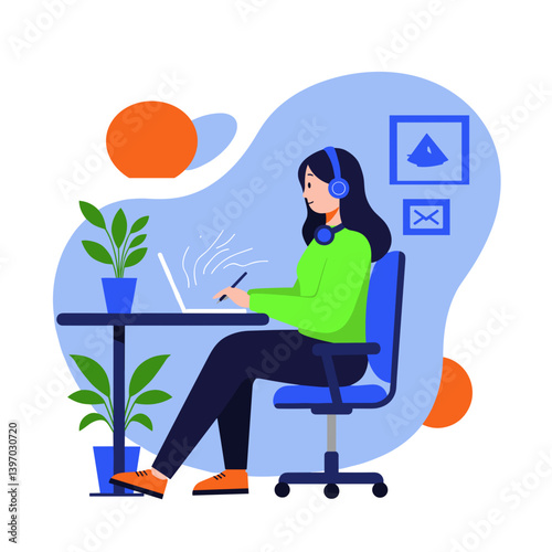 Asian woman working remotely while focused at her laptop  