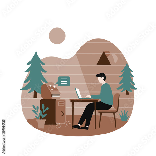Person working remotely in a cabin with trees and mountains  