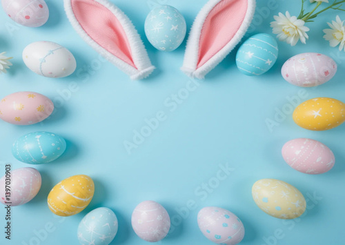 Easter party concept. Top view photo of easter bunny ears white pink blue and yellow eggs on isolated pastel blue background with copyspace in the middle