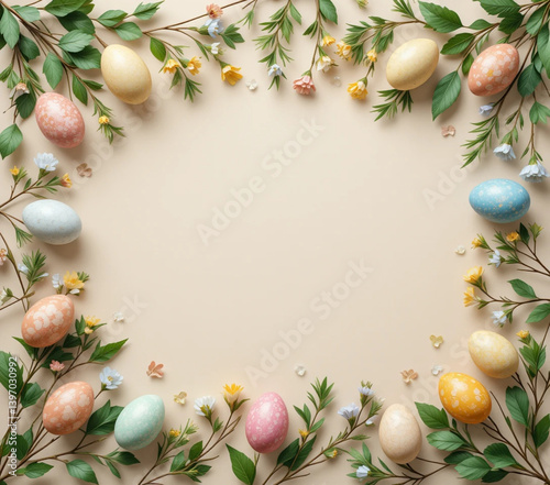 Easter decoration featuring holiday elements such as eggs, leaves, and branches for festive settings