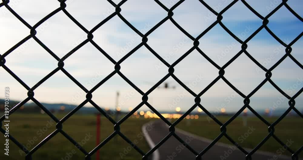 Blurry airplane landing on an illuminated airport runway. Ground level, rear of the plane point of view as seen from behind security chain link fence, airport security concept Blurry airplane landing on an illuminated airport runway. Ground level, rear of the plane point of view as seen from behind security chain link fence, airport security concept