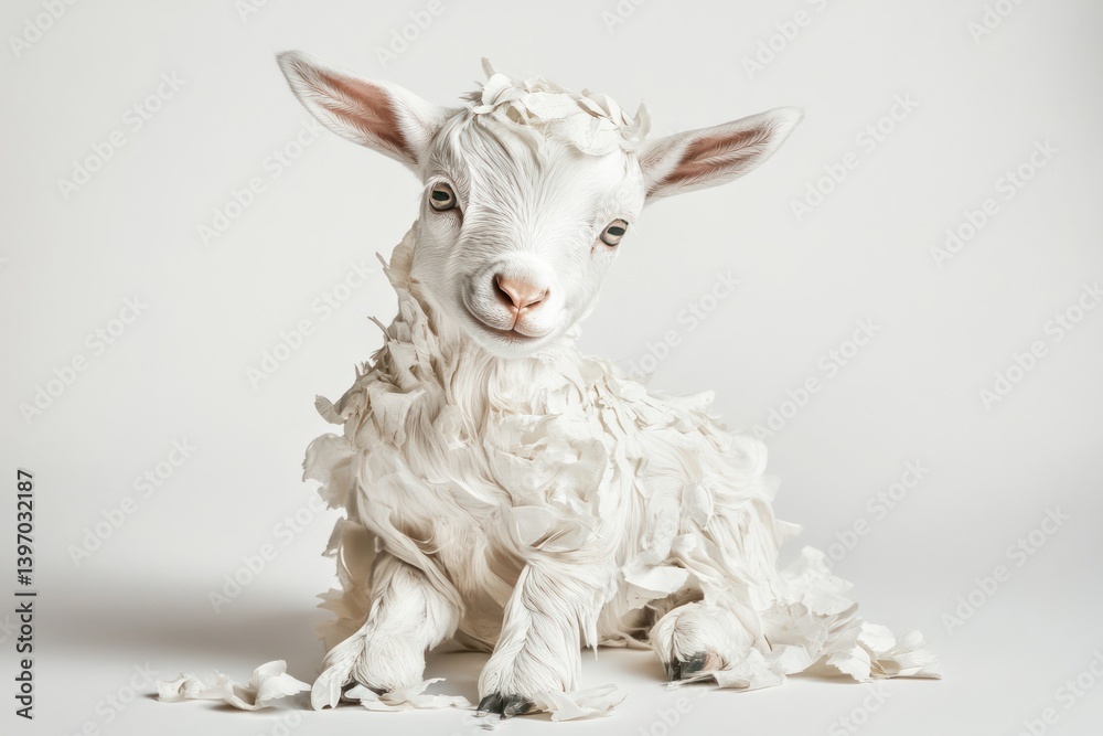 Fluffy white kid goat, studio shot, playful pose, clean background, pet animal image Fluffy white kid goat, studio shot, playful pose, clean background, pet animal image