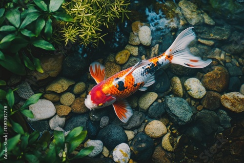 A vibrant koi fish gracefully swimming in a tranquil water garden. photo