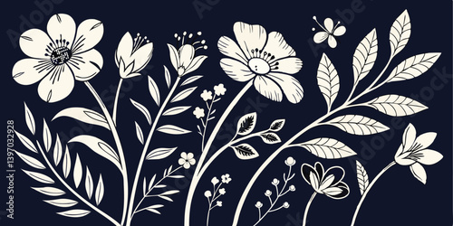 Monochrome Floral Doodles: Hand-Drawn White Blossoms on Black for a Botanical Sketchbook