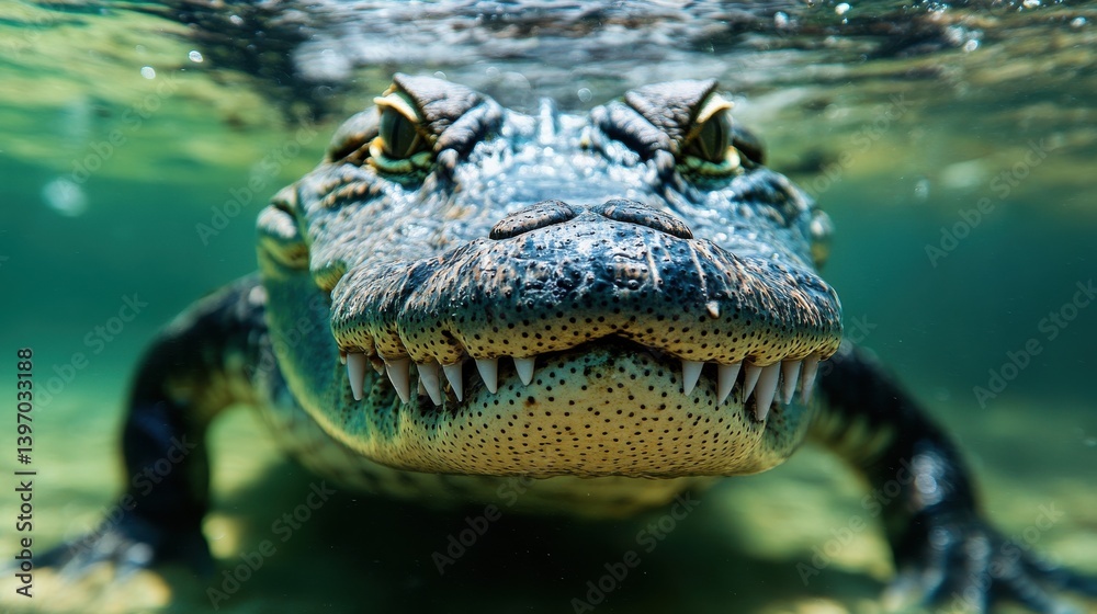 Fototapeta premium Close-up of a crocodile swimming underwater with sharp teeth visible.