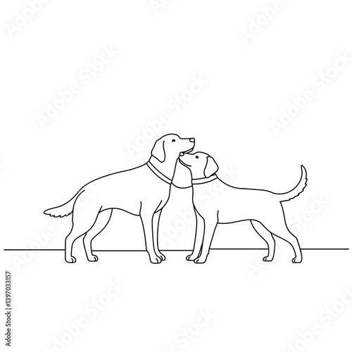 Two dogs interacting happily in a simple line art style  