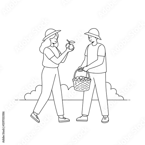 Couple happily picking fruit in a sunny orchard  