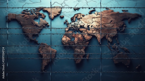A world map with fences and barriers drawn between continents, trade fencing, economic protectionism concept, photorealistic illustration