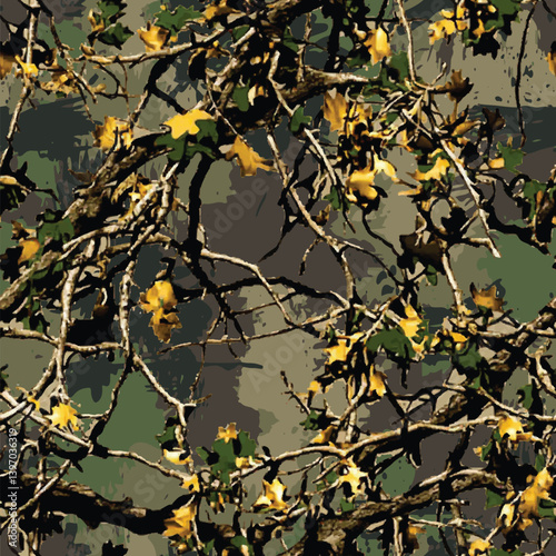 Vector hunting camouflage seamless pattern design. Camouflage background. Deer hunting, forest, jungle texture. Realistic tree seamless pattern. Digital camouflage 