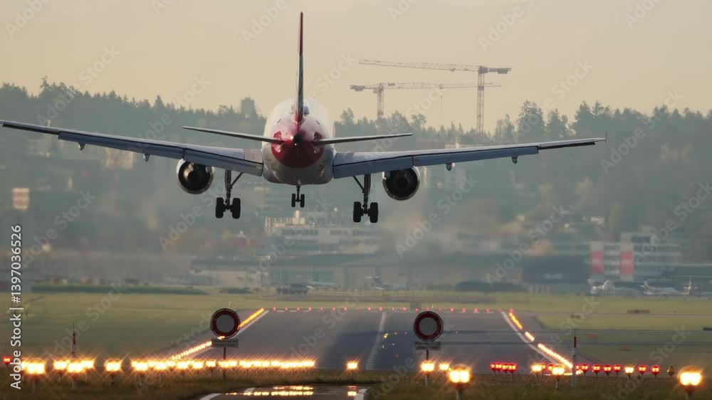 Large, commercial passenger airplane landing on an illuminated airport runway. Ground level, rear of the plane point of view, touchdown and taxi, real time, super-telephoto, early morning light, no pe