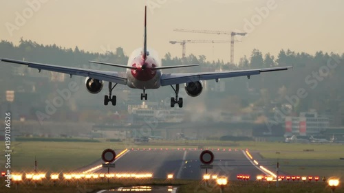 Large, commercial passenger airplane landing on an illuminated airport runway. Ground level, rear of the plane point of view, touchdown and taxi, real time, super-telephoto, early morning light, no pe