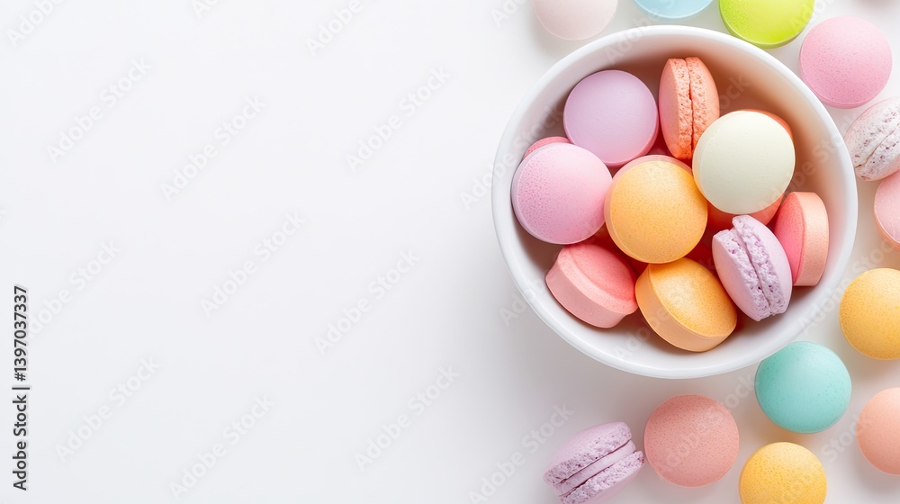 Colorful Macarons and Spheres in White Bowl on Light Background Colorful Macarons and Spheres in White Bowl on Light Background