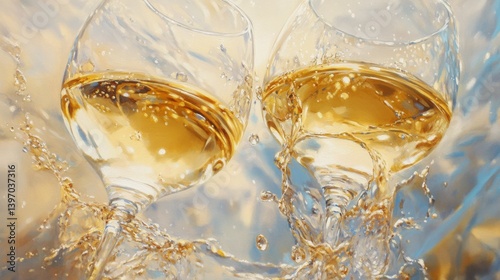 A painting of three wine glasses filled with white wine, with splashes of liquid around the glasses. The artwork is done in a loose, expressive style with a mix of blue, gold, and white colors.