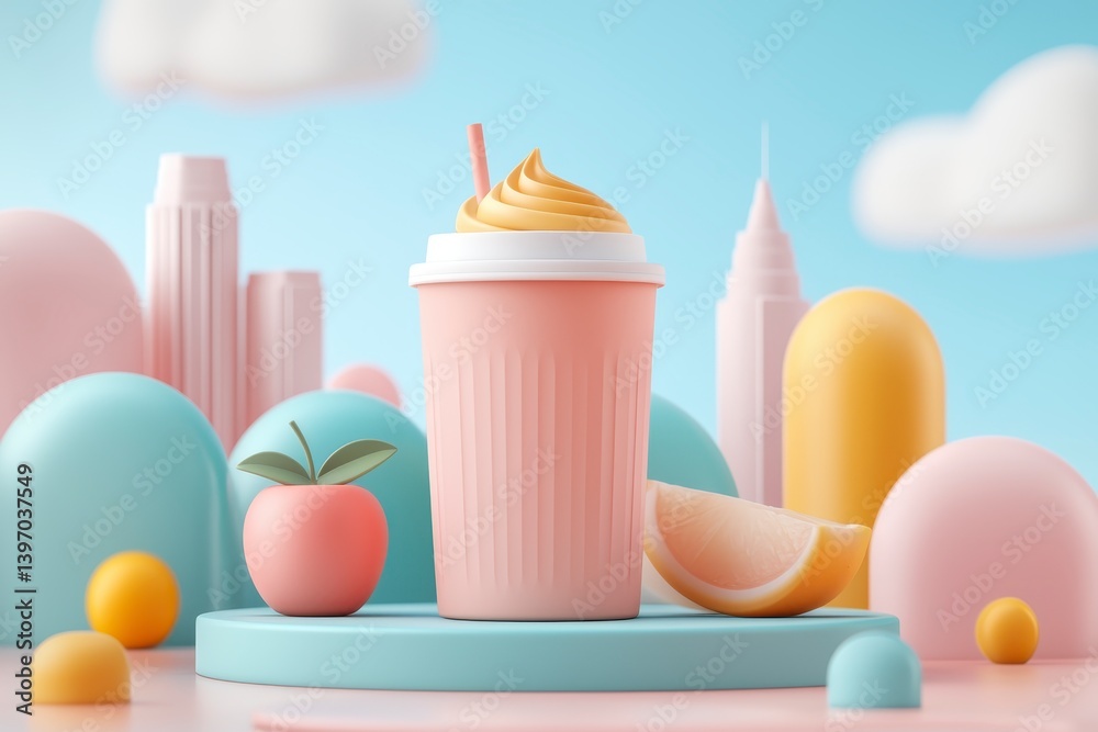 Fototapeta premium Pastel Pink Smoothie Cup with Whipped Cream and Fruit, City Skyline Background