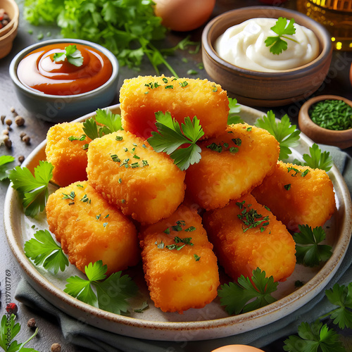 Delicious Golden Brown Fish Nuggets Garnished With Fresh Parsley on a Plate