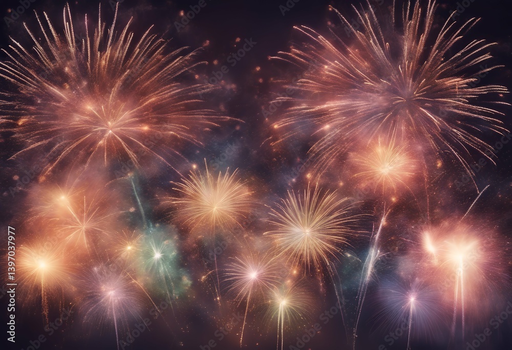 Naklejka premium dark colorful fireworks wide copy space panoramic panorama celebrate show night many-coloured colourful midnight celebration eve new year 2019 pyrotechnic festivity display event firecracker occasion