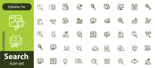 Search stroke line icon set. Containing magnifying glass, find, research, SEO and investigate icons. Stroke outline icon collection. Editable stroke.
