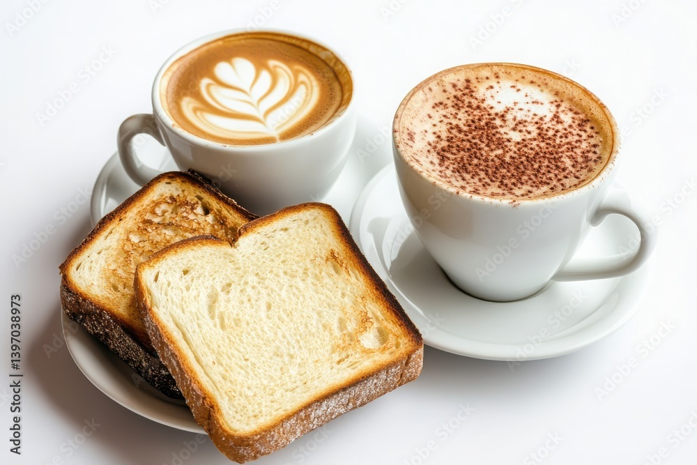 Breakfast bundle, toast, latte, isolated with white background Breakfast bundle, toast, latte, isolated with white background