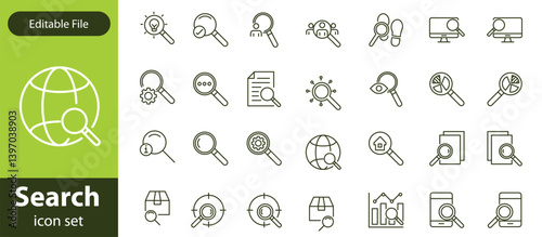 Search stroke line icon set. Containing magnifying glass, find, research, SEO and investigate icons. Stroke outline icon collection. Editable stroke.