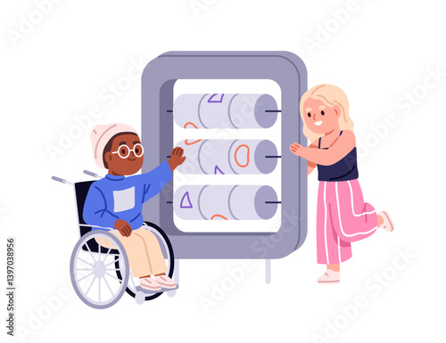 Kids with abacus toy, playground equipment. Happy children, boy in wheelchair and girl, kindergarten friends fun, communication, entertainment. Flat vector illustration isolated on white background